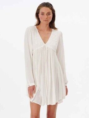 Rip Curl Ivory V-Neck Floral-Embroidered Long Sleeve Dress